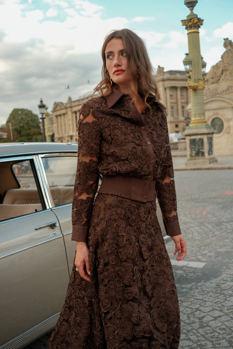 Brown Blouse with embroidered floral details