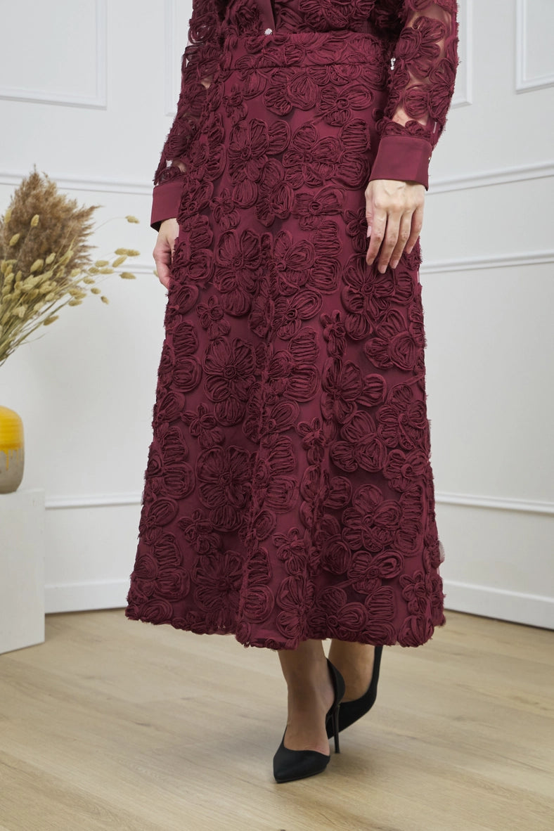Bordeaux Long Skirt  with embroidered  flowers details
