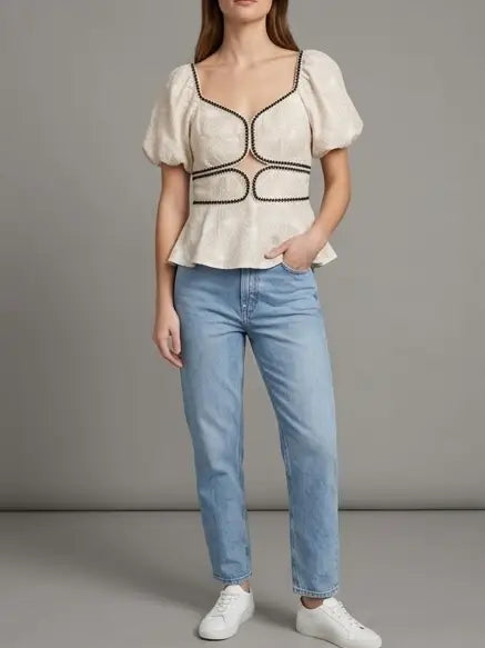 Beige lightweight short-sleeved top with embroidery
