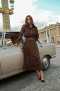 Brown Long Skirt  with embroidered  flowers details