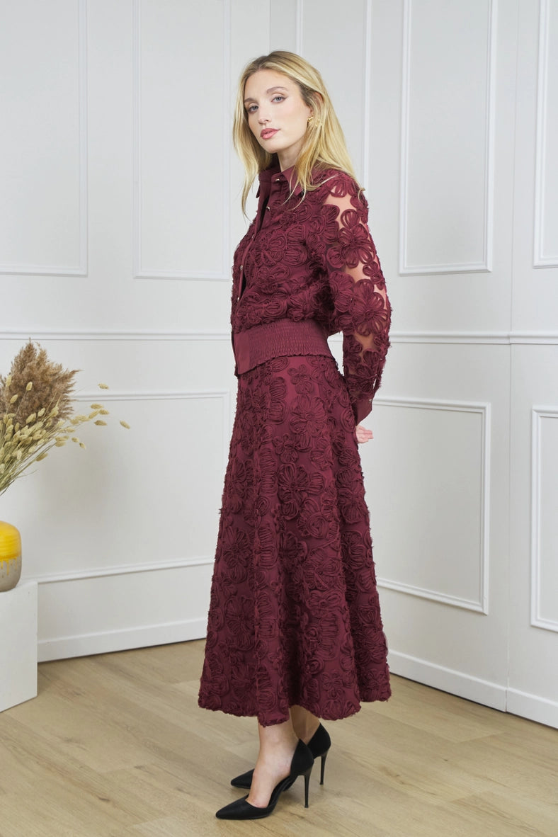 Bordeaux Long Skirt  with embroidered  flowers details